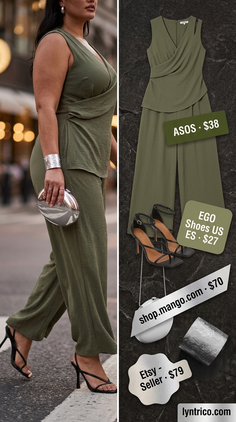 Timeless summer outfit for women over 50 2026: Olive green wide-leg jumpsuit, black heels, silver clutch & cuff.