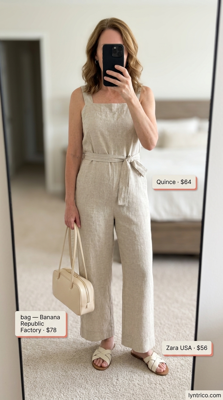 Timeless summer outfit for women over 50 2026: Beige linen jumpsuit, white slides, gold hoops & structured bag.