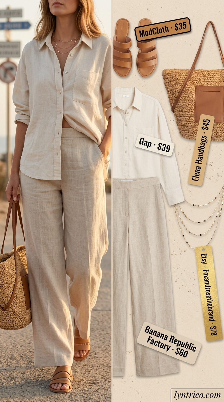 Timeless summer outfit for women over 50 2026: Cream linen shirt, beige linen pants, tan slides & straw tote.