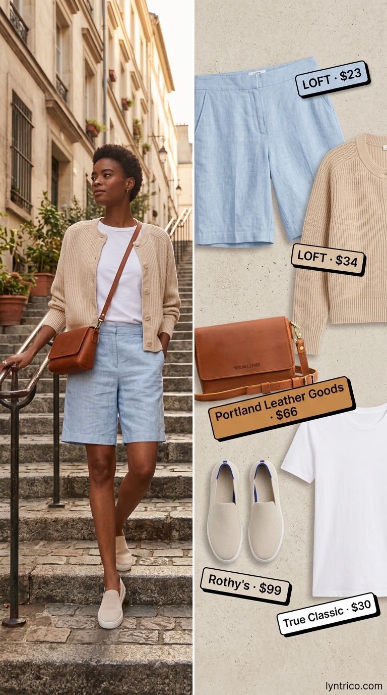 Timeless summer outfit for women over 50 2026: Blue linen shorts, white tee, tan cardigan & sneakers for casual errands.