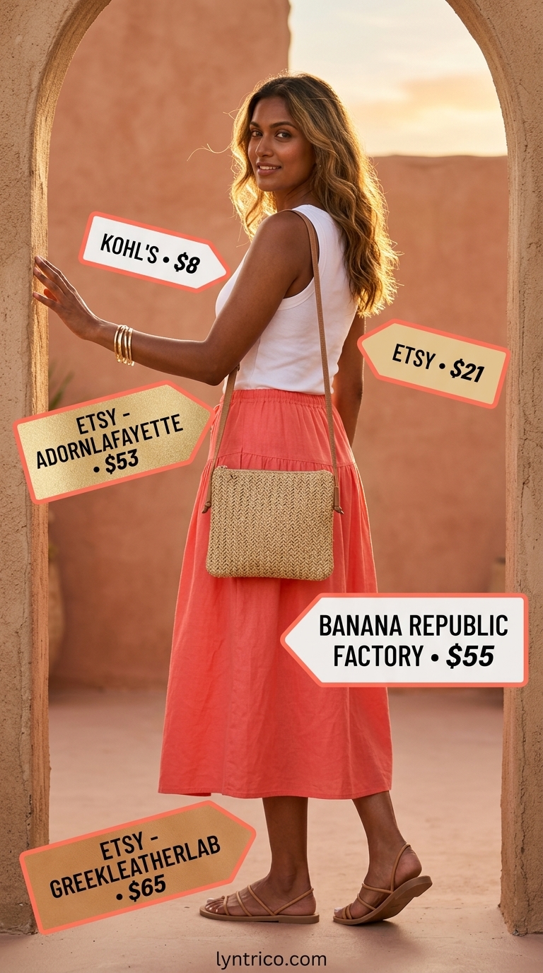 Timeless summer outfit for women over 50 2026: Coral linen midi skirt, white ribbed tank, tan sandals & straw bag.