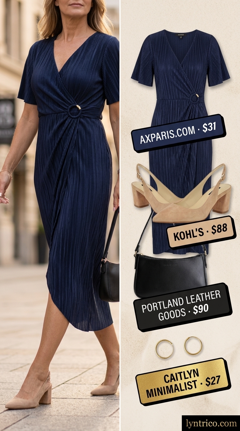 Timeless summer outfit for women over 50 2026: Navy wrap dress, nude pumps, black shoulder bag & gold earrings.