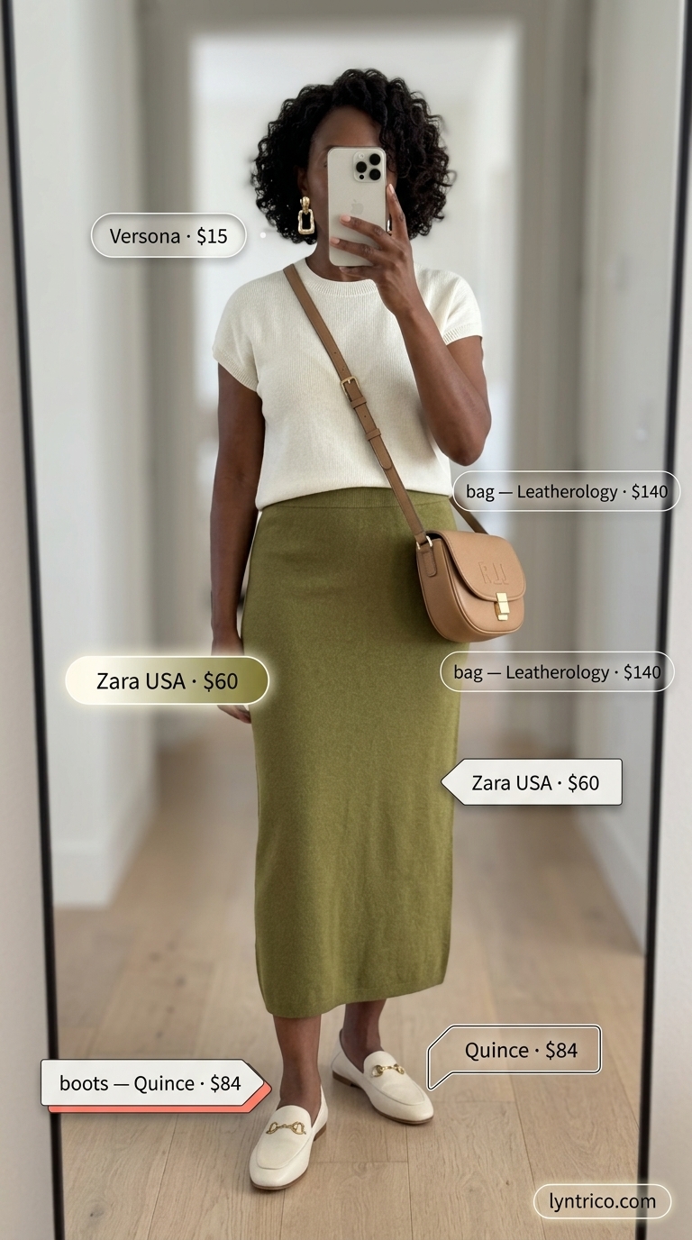 Timeless summer outfit for women over 50 2026: Olive knit midi skirt set, ivory loafers, tan saddle bag & gold earrings.