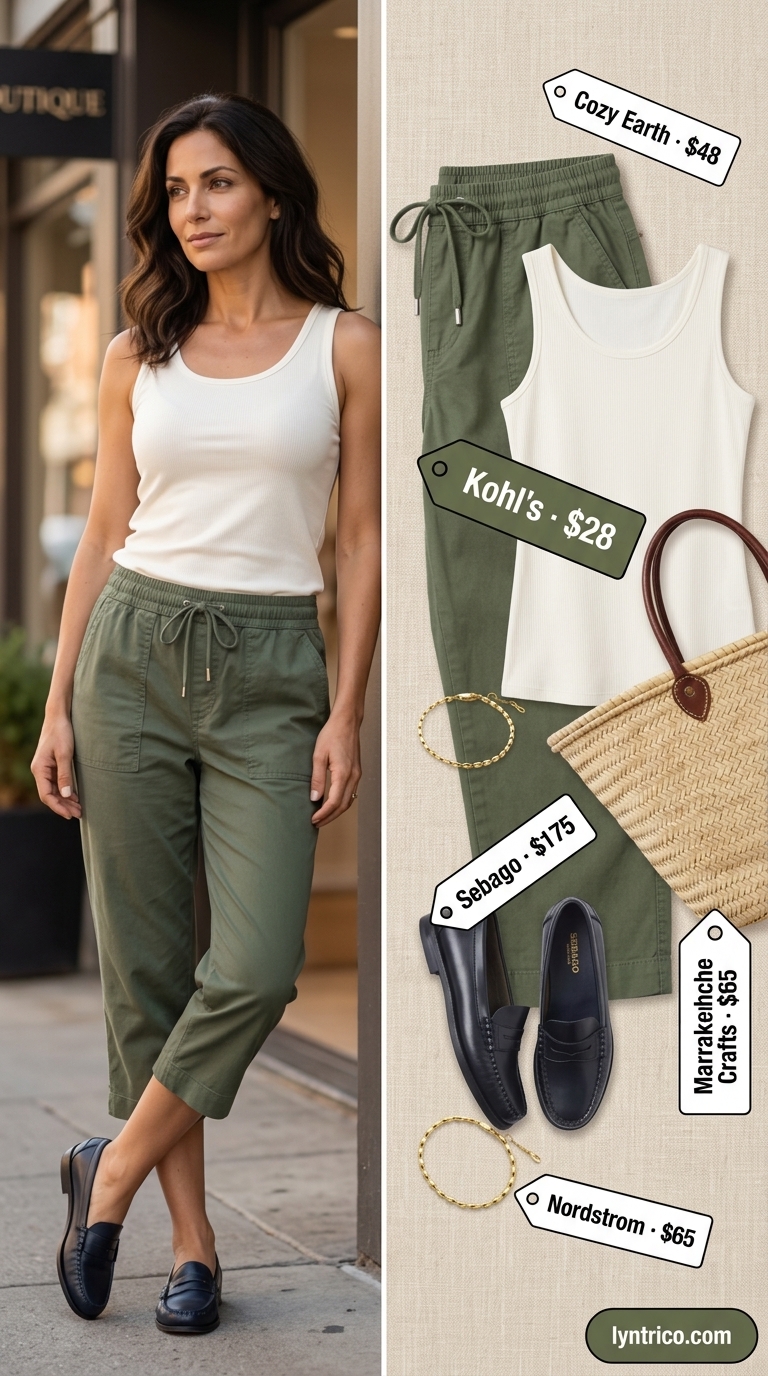 Timeless summer outfit for women over 50 2026: Olive capri pants, ivory knit top, navy loafers, and straw tote for shopping.