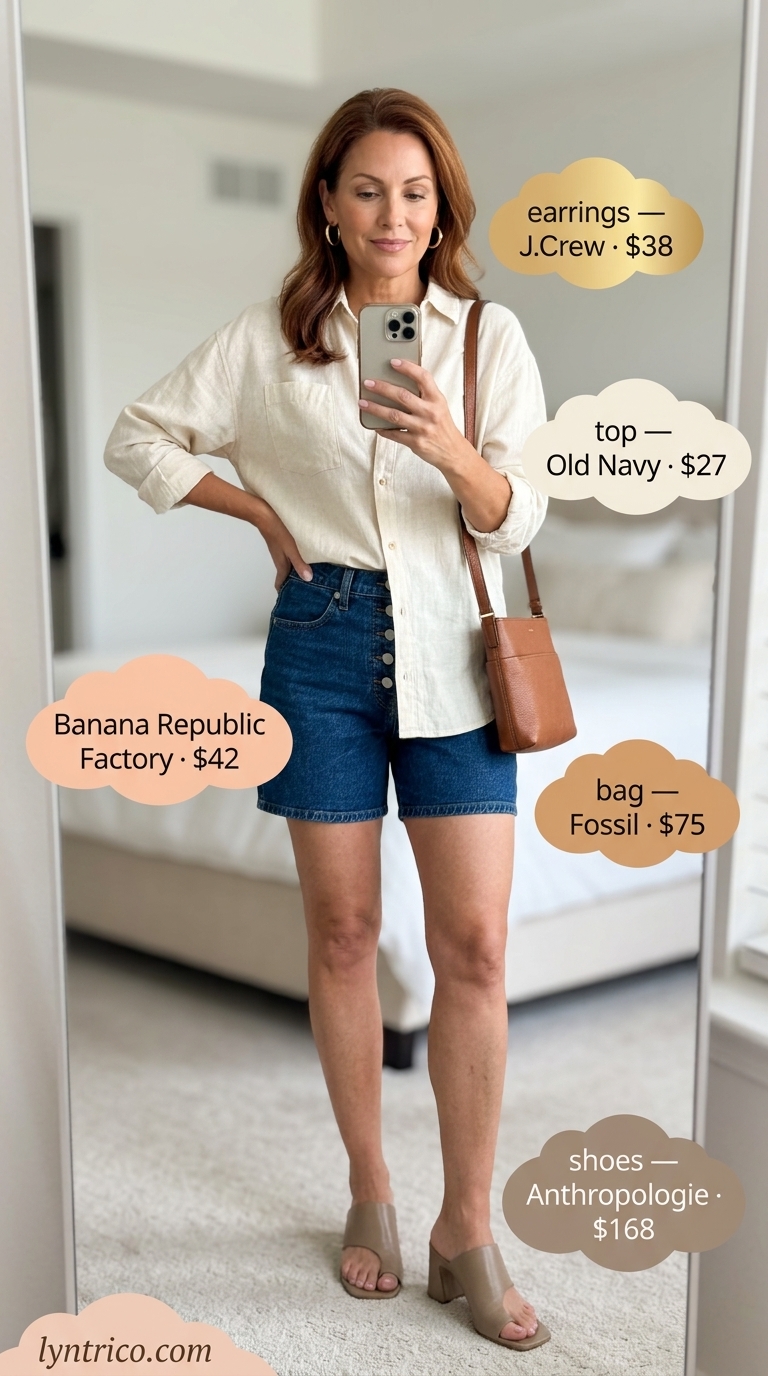 Timeless summer outfit for women over 50 2026: Dark wash denim shorts, ivory linen shirt, tan mules & crossbody bag for brunch.
