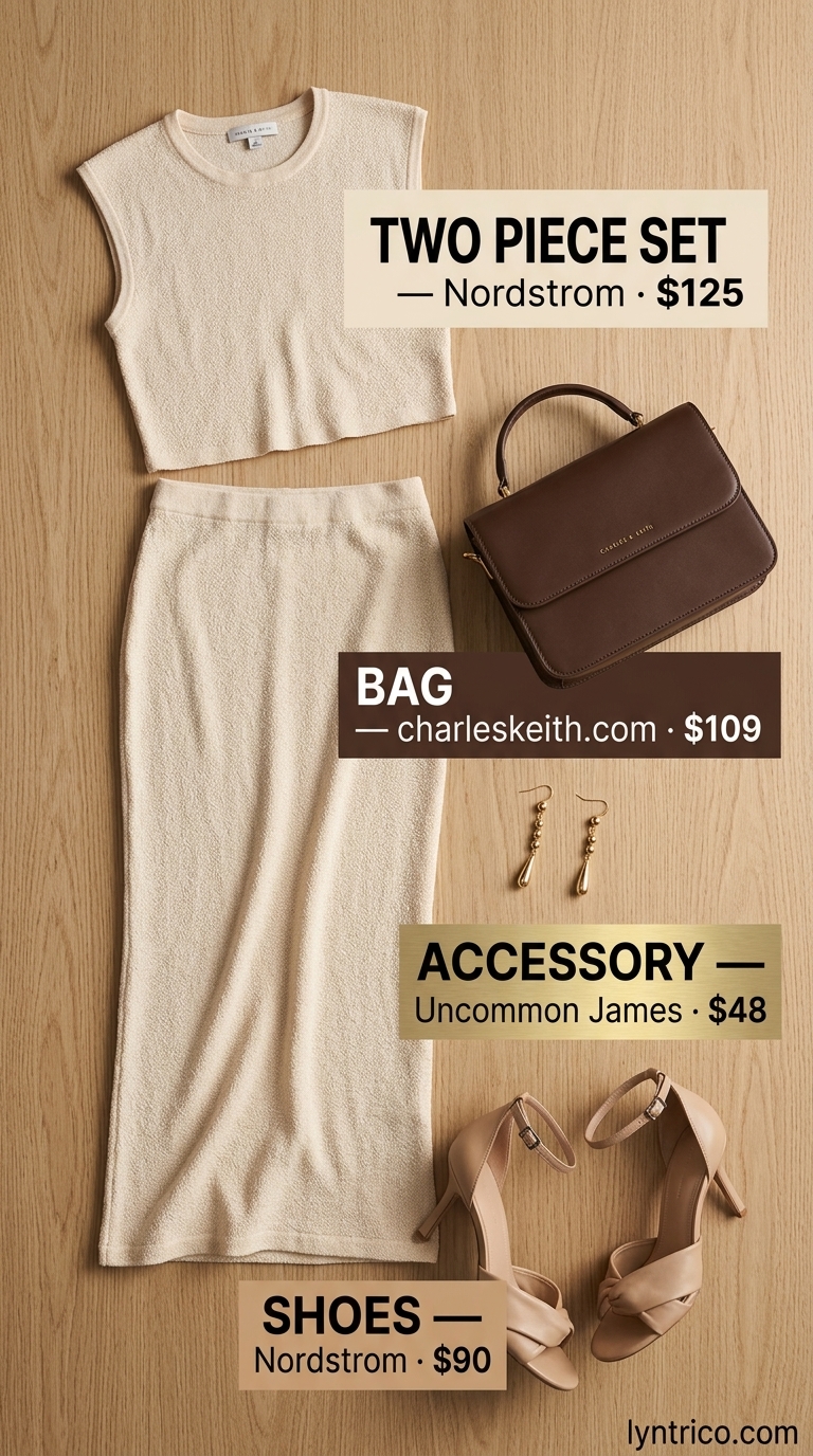 Timeless summer outfit for women over 50 2026: Cream knit set, tan sandals, structured bag, gold earrings.