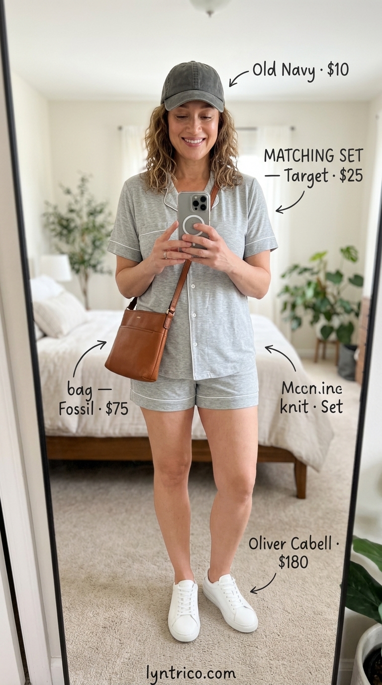 Timeless summer outfit for women over 50 2026: Grey knit shorts set, white sneakers, and crossbody bag for travel.