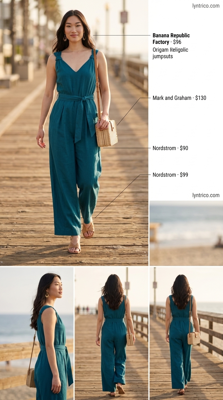 Timeless summer outfit for women over 50 2026: Navy linen jumpsuit, tan heeled sandals, and straw bag for evening out.