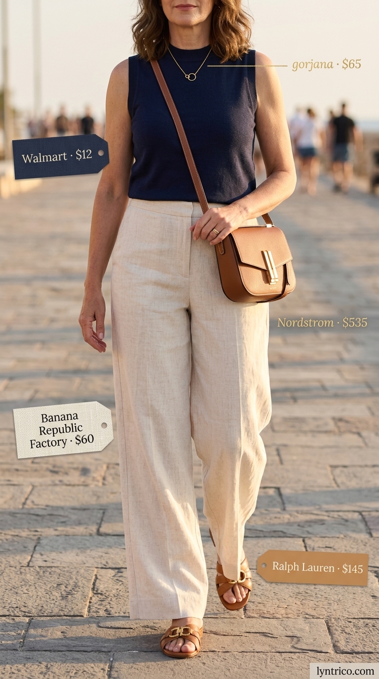 Timeless summer outfit for women over 50 2026: Cream linen pants, navy knit top, leather slides, and crossbody bag for errands.