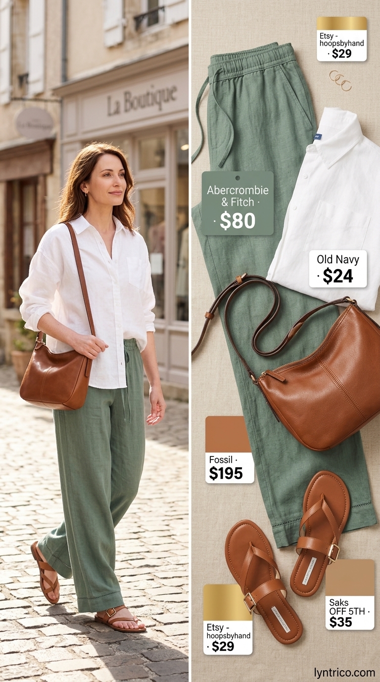 Timeless summer outfit for women over 50 2026: Sage green linen pants, white button-down, tan sandals, cognac bag.