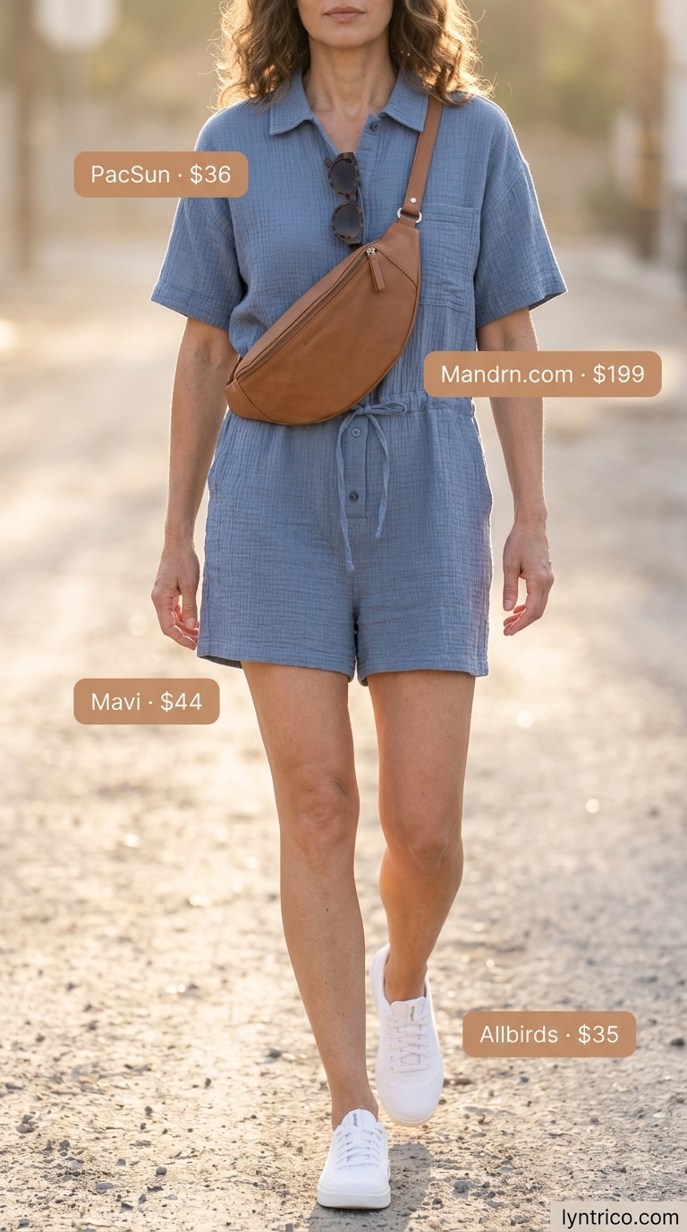 Timeless summer outfit for women over 50 2026: Chic dusty blue linen romper, white sneakers, and tan belt bag for day out.