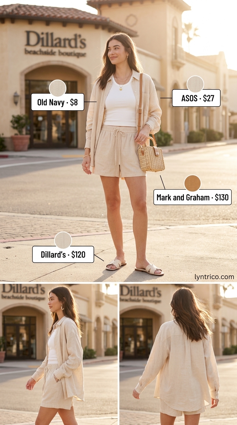 Timeless summer outfit for women over 50 2026: Beige linen set, cream tank, gold necklace, straw bag, leather slides.