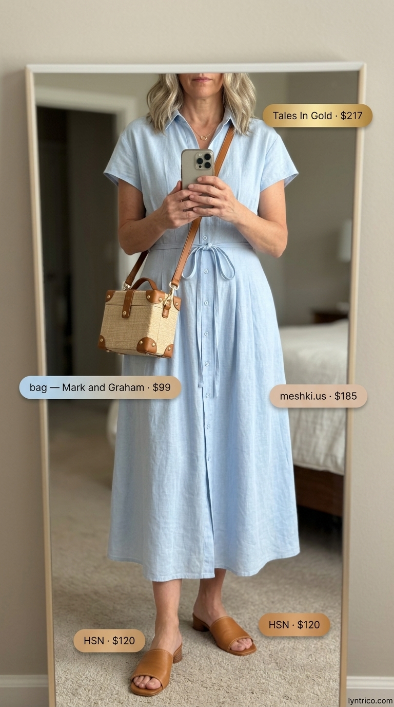 Timeless summer outfit for women over 50 2026: Sky blue linen shirt dress, tan mules, gold necklace, raffia bag.