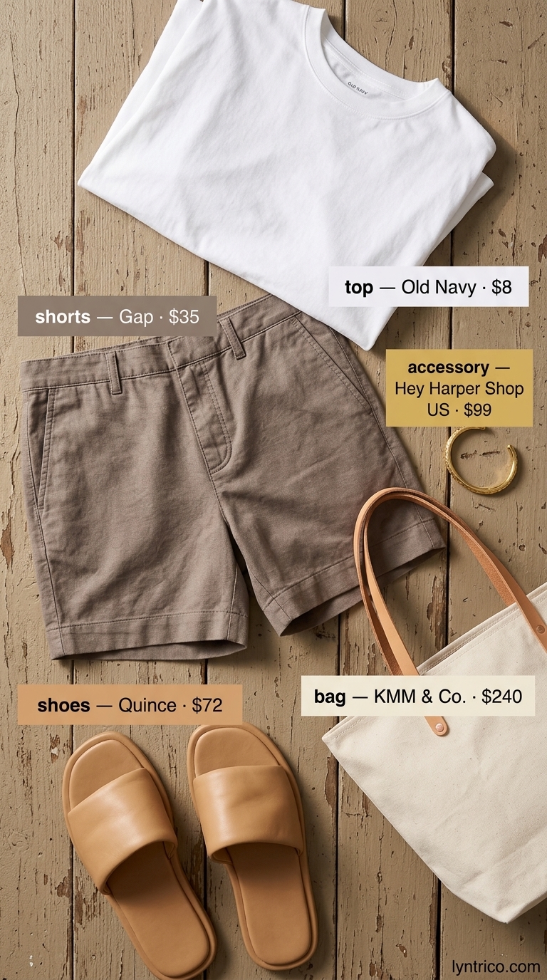 Timeless summer outfit for women over 50 2026: Taupe linen shorts, white tunic, leather slides, and canvas tote for casual outing.