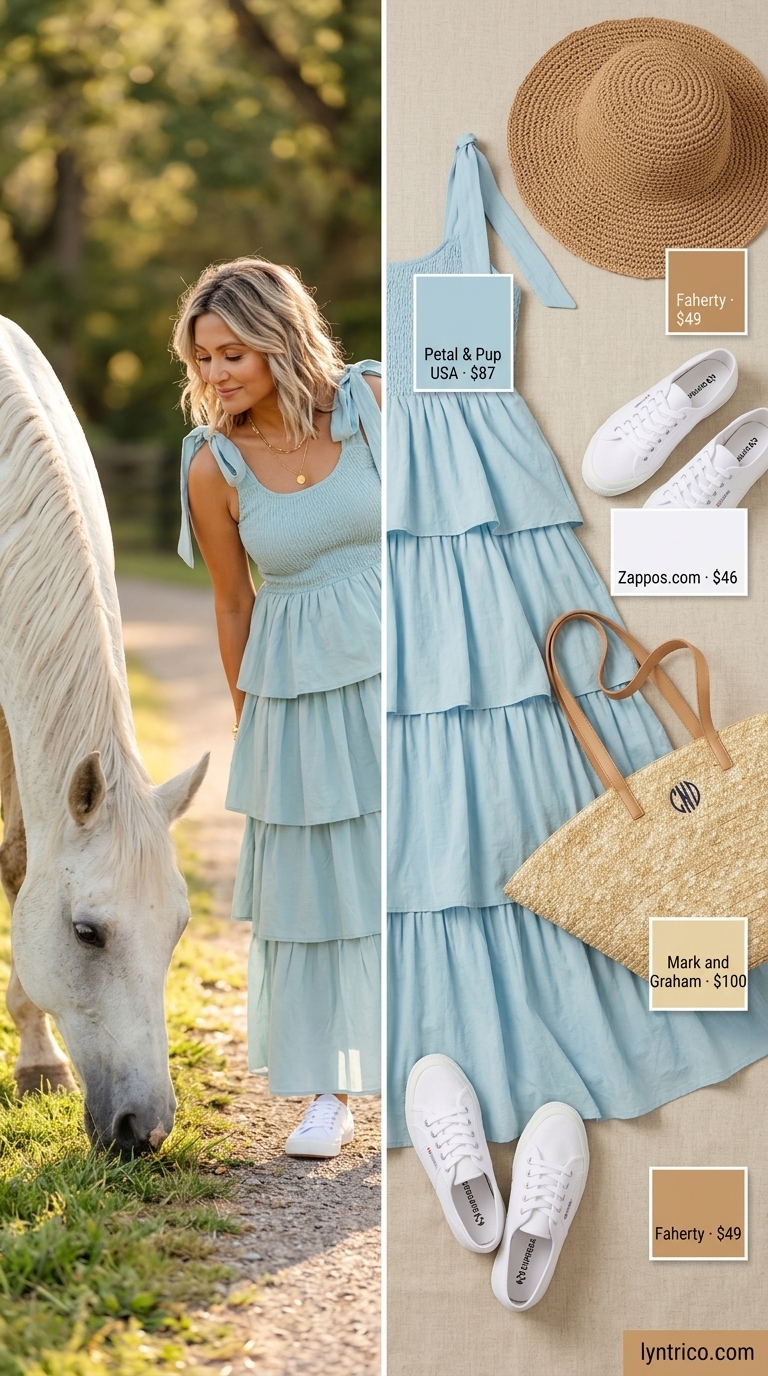 Timeless summer outfit for women over 50 2026: Sky blue tiered maxi dress, canvas sneakers, and straw hat for beach day.