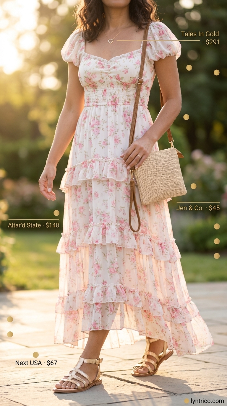 Timeless summer outfit for women over 50 2026: Flowy pastel floral maxi dress, gold sandals, and straw bag for garden party.