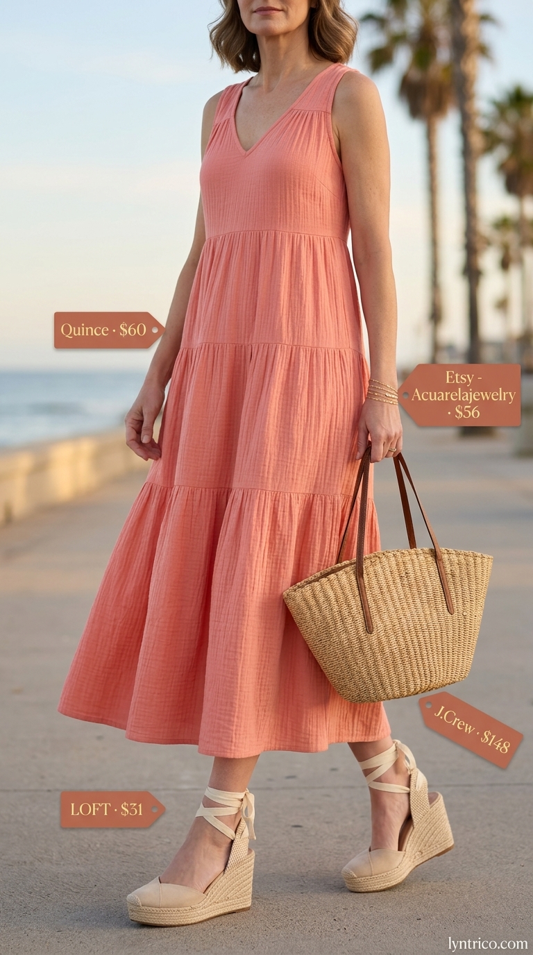 Timeless summer outfit for women over 50 2026: Coral maxi dress, gold bracelets, straw tote, espadrille wedges.