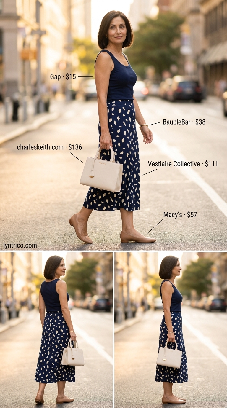 Timeless summer outfit for women over 50 2026: Navy abstract print midi skirt, ivory knit top, tan flats, structured bag.