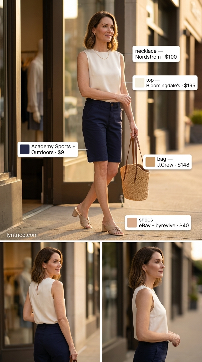Timeless summer outfit for women over 50 2026: Navy Bermuda shorts, ivory silk blouse, tan mules, gold necklace.