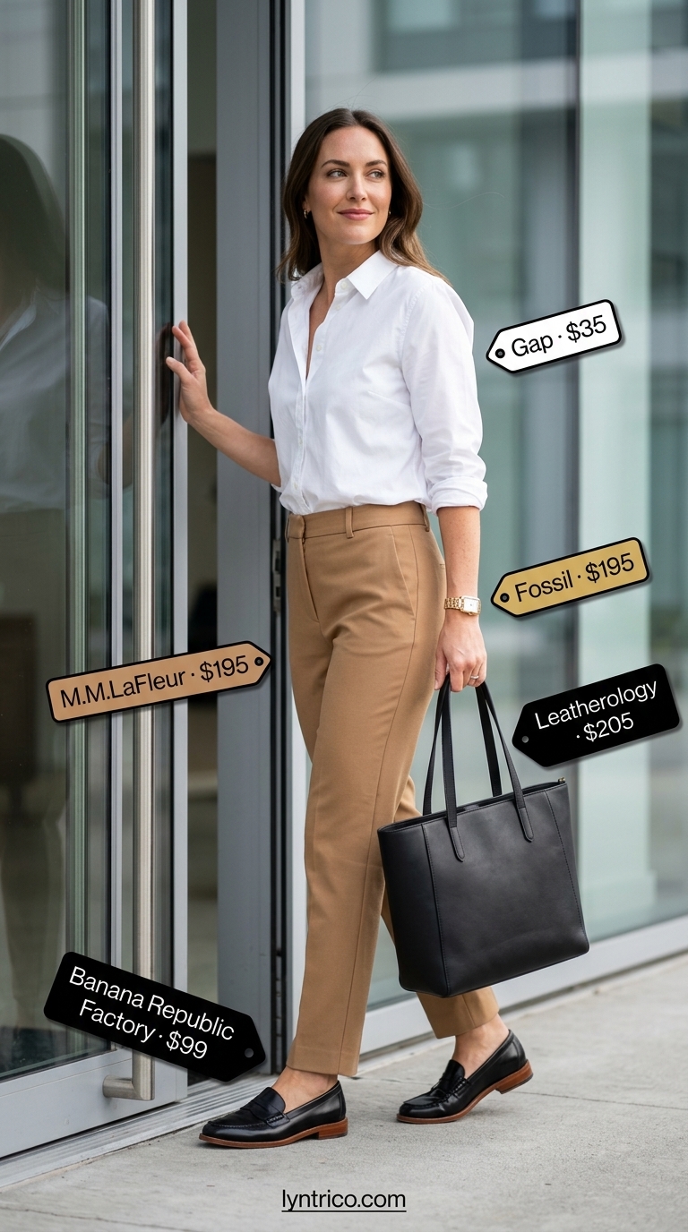Timeless summer outfit for women over 50 2026: Camel tailored trousers, white button-down, black loafers, and tote for office.