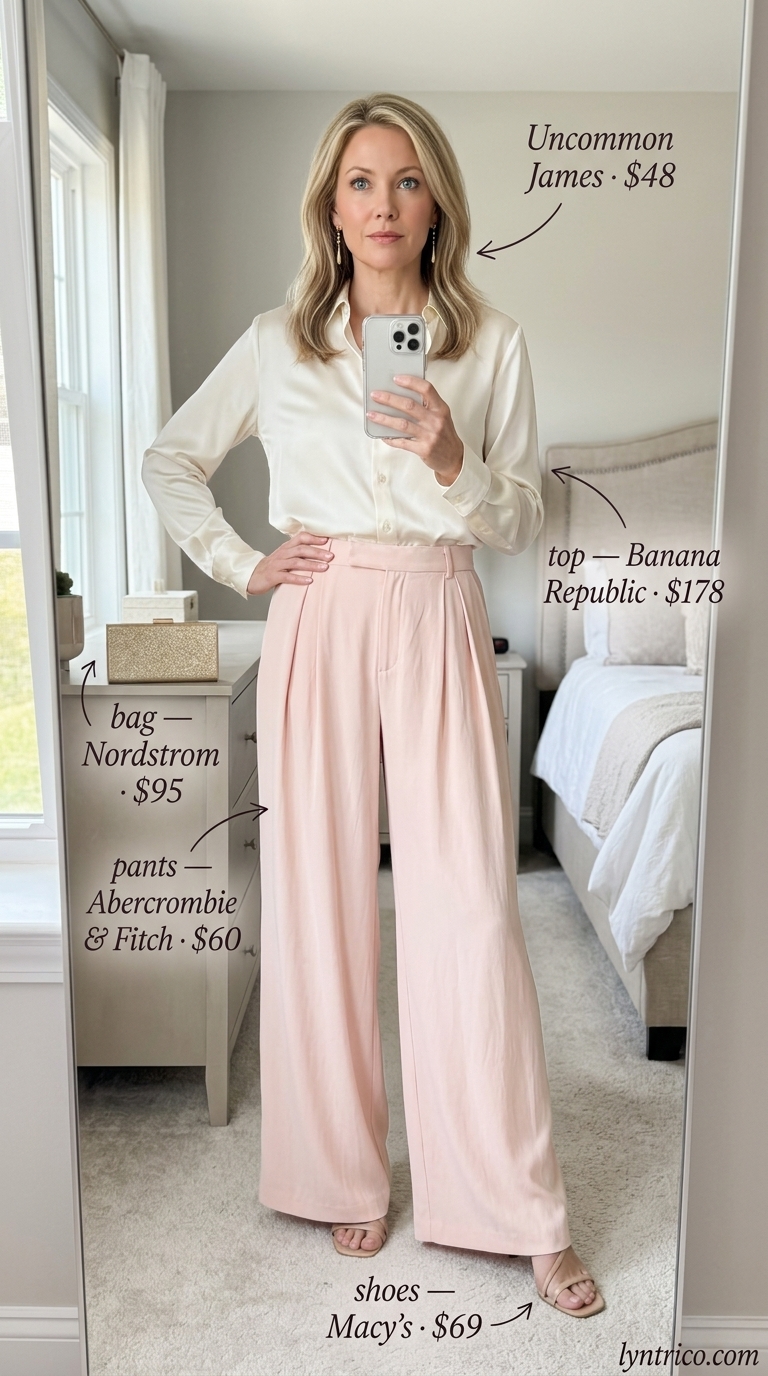 Timeless summer outfit for women over 50 2026: Blush pink wide-leg pants, ivory silk blouse, nude heels, gold earrings.