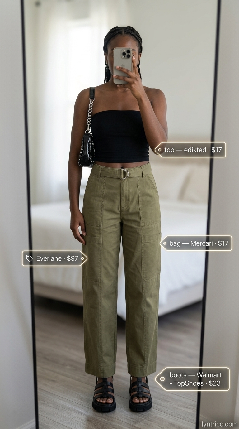 Urban Edge: Trendy Outfit Inspo Summer for Women 2026 Olive green cargo pants with tube top & chunky sandals for trendy outfit inspo summer for women 2026.