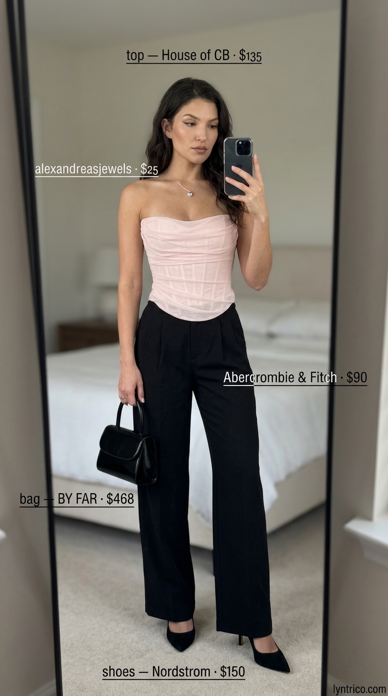 Corset Top & Trousers: Trendy Outfit Inspo Summer 2026 Trendy outfit inspo summer for women 2026: Blush pink corset top with black wide-leg trousers and silver necklace for date night or cocktail party.
