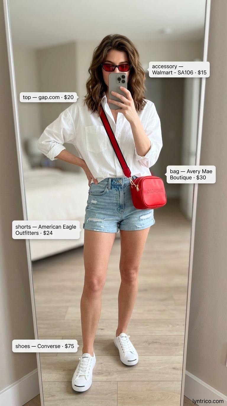 Market Explorer: Trendy Outfit Inspo Summer for Women 2026 Distressed denim shorts with white shirt & red bag for trendy outfit inspo summer for women 2026.