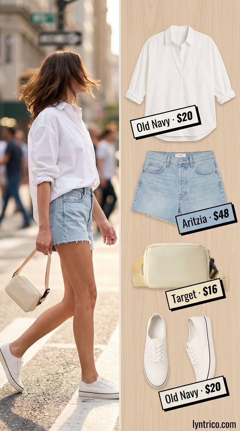 City Explorer: Trendy Outfit Inspo Summer for Women 2026 Denim shorts with white oversized shirt & sneakers for trendy outfit inspo summer for women 2026.