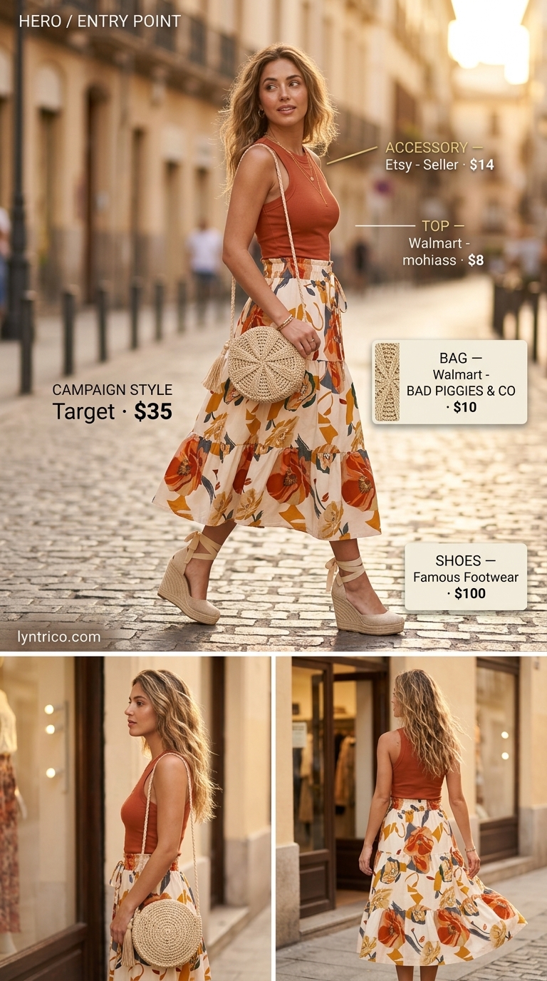 Boho Floral Skirt: Trendy Outfit Inspo Summer 2026 Trendy outfit inspo summer for women 2026: Floral midi skirt with terracotta tank and espadrille wedges for boho festival or summer market.