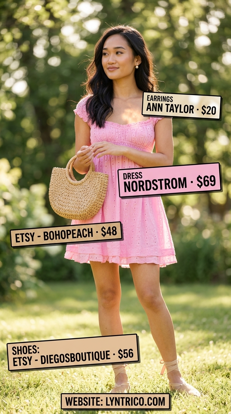 Garden Party Chic: Trendy Outfit Inspo Summer for Women 2026 Soft pink eyelet mini dress with pearl earrings & straw bag for trendy outfit inspo summer for women 2026.