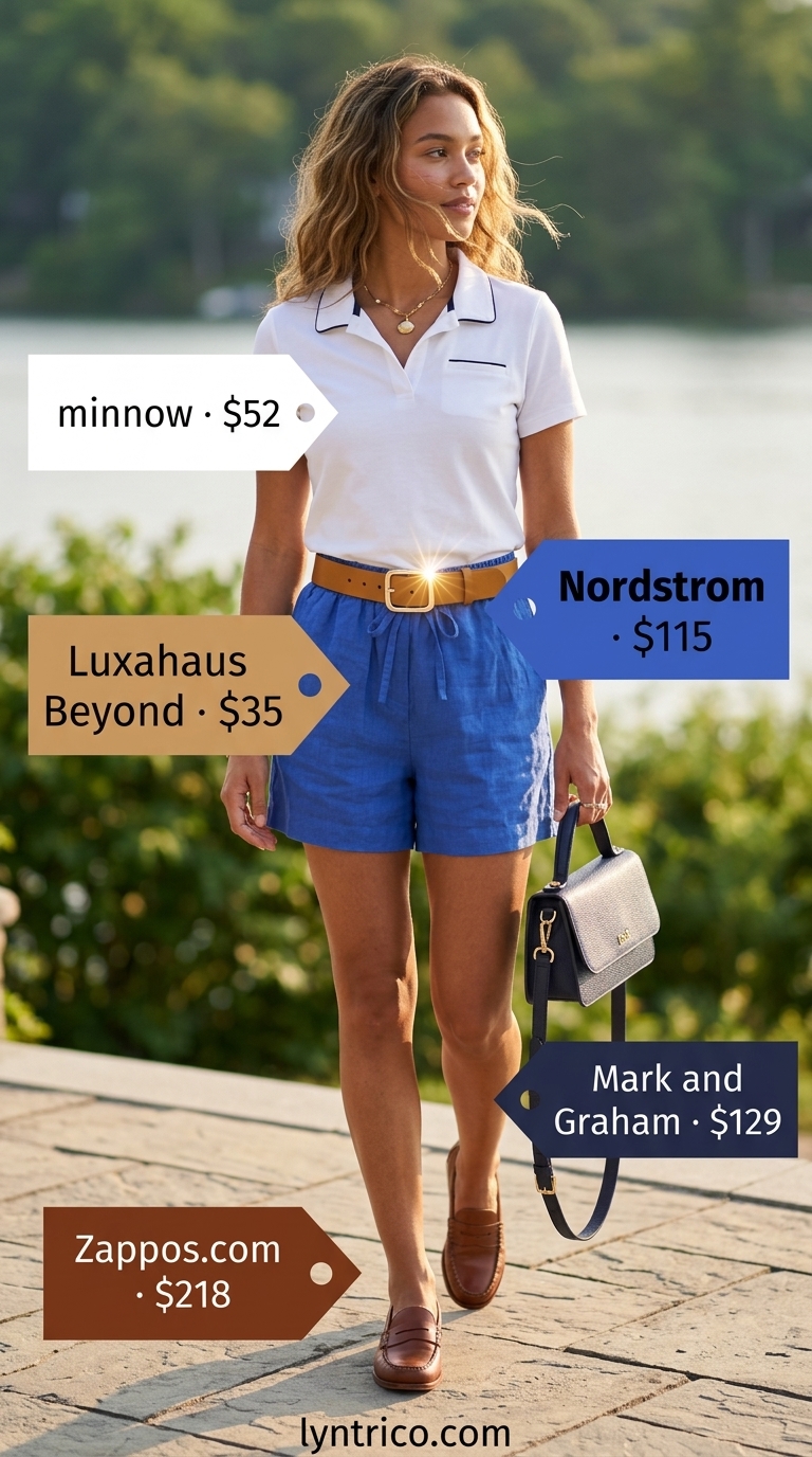 Lakeside Retreat: Trendy Outfit Inspo Summer for Women 2026 Pale blue linen shorts with polo shirt & loafers for trendy outfit inspo summer for women 2026.