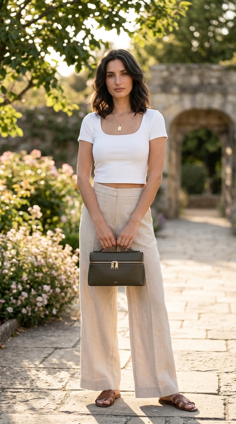 Linen Trousers: Trendy Outfit Inspo Summer 2026 Trendy outfit inspo summer for women 2026: Natural beige linen trousers with cream knit top and olive shoulder bag for vacation lunch.