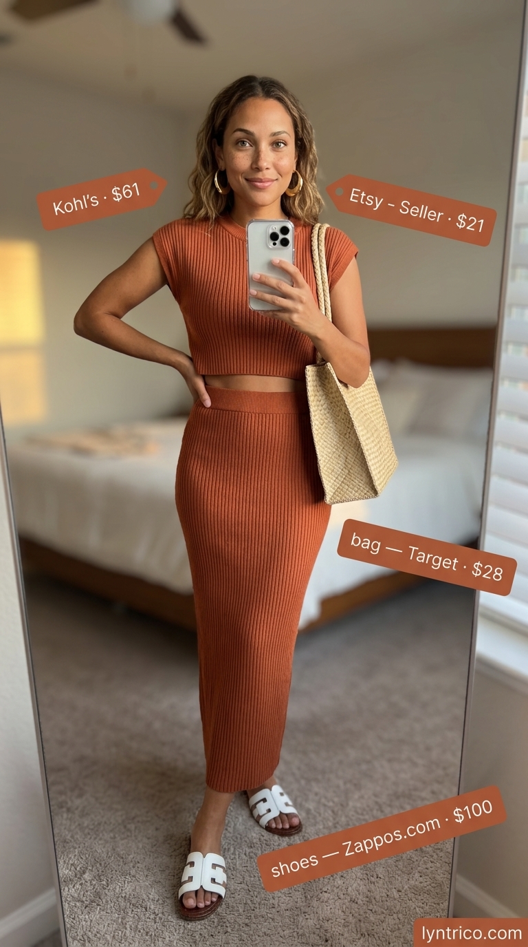 Earthy Glow: Trendy Outfit Inspo Summer for Women 2026 Burnt orange knit matching set with straw tote for trendy outfit inspo summer for women 2026.