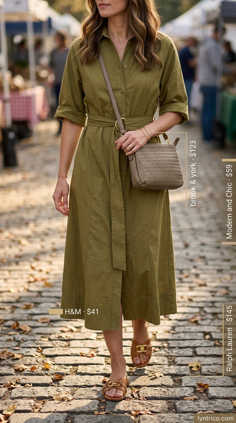 Weekend Market Dress: Trendy Outfit Inspo Summer 2026 Trendy outfit inspo summer for women 2026: Olive green midi shirt dress with tan slides and woven bag for weekend market or casual brunch.
