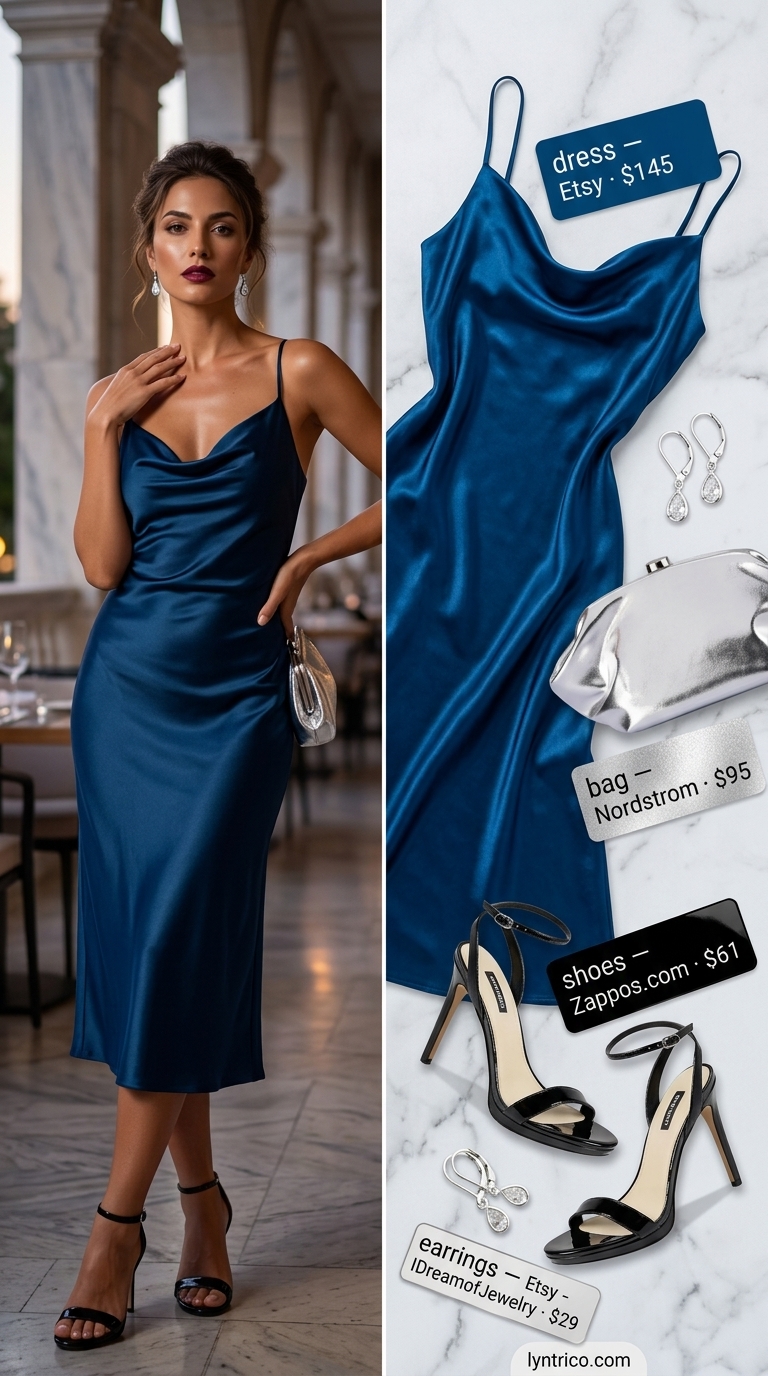 Satin Slip Dress: Trendy Outfit Inspo Summer 2026 Trendy outfit inspo summer for women 2026: Deep ocean blue satin slip dress with black sandals and silver clutch for date night or summer party.