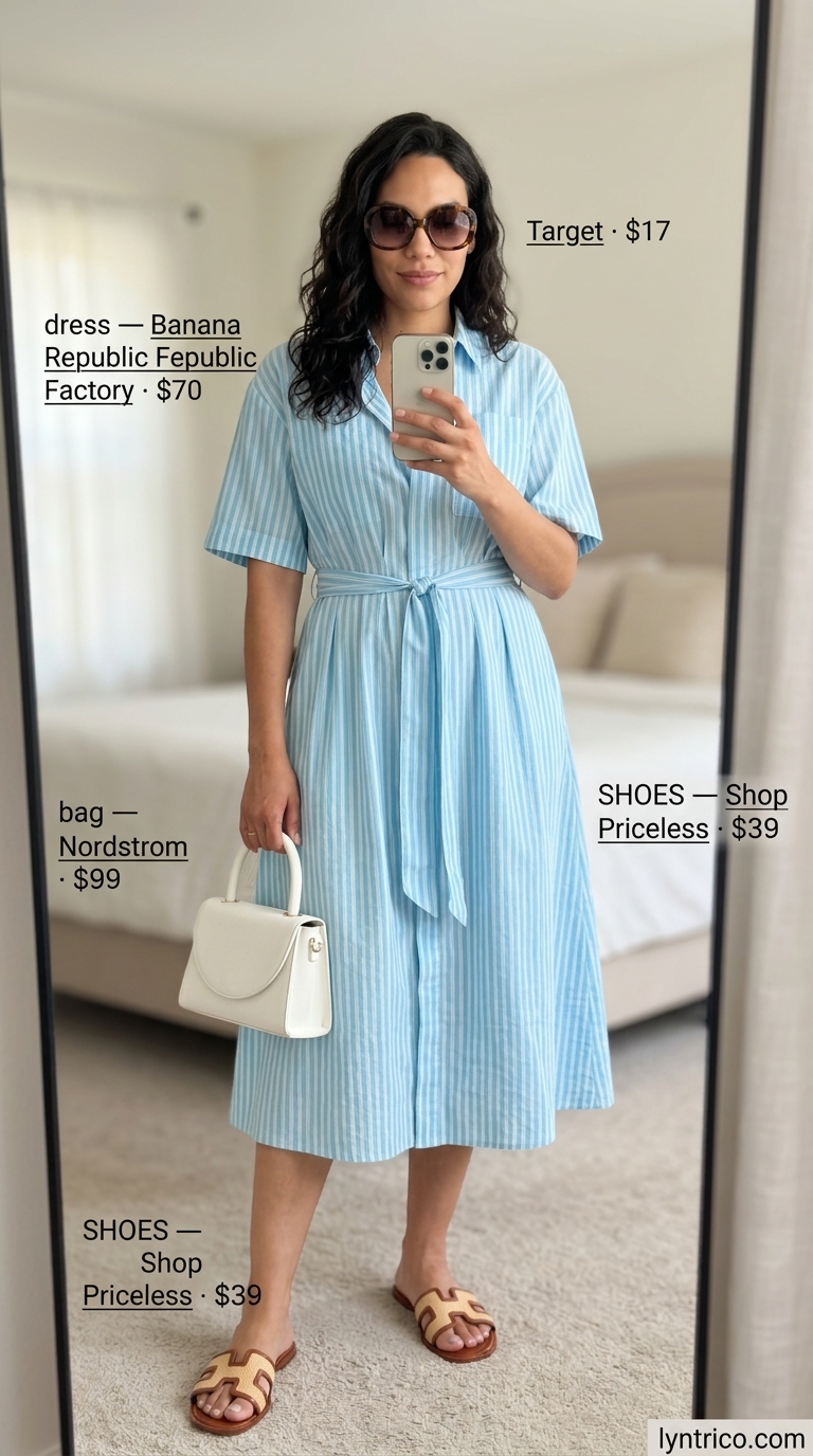 Striped Shirt Dress: Trendy Outfit Inspo Summer 2026 Trendy outfit inspo summer for women 2026: Sky blue stripe midi shirt dress with tan sandals and tortoiseshell sunglasses for resort lunch.