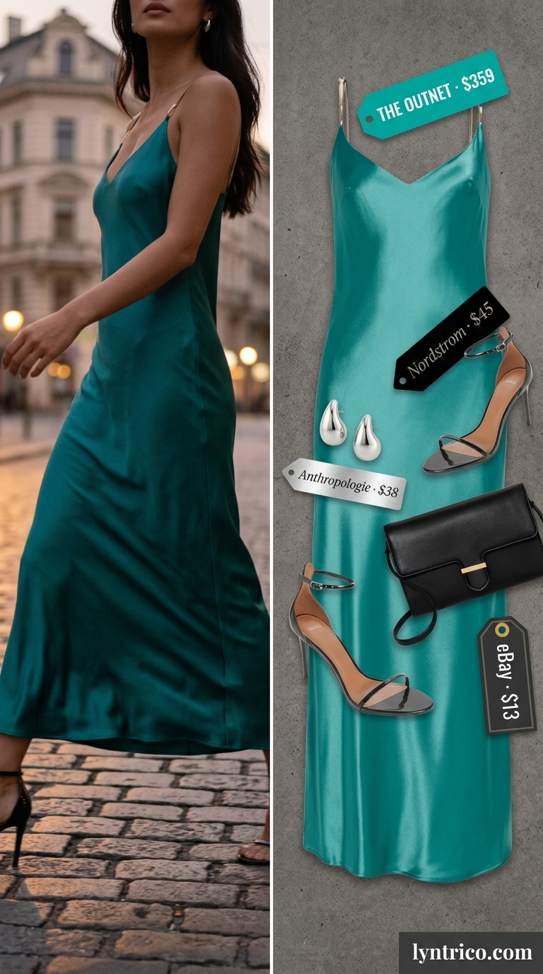 Teal slip dress with silver earrings & black sandals for trendy outfit inspo summer for women 2026.