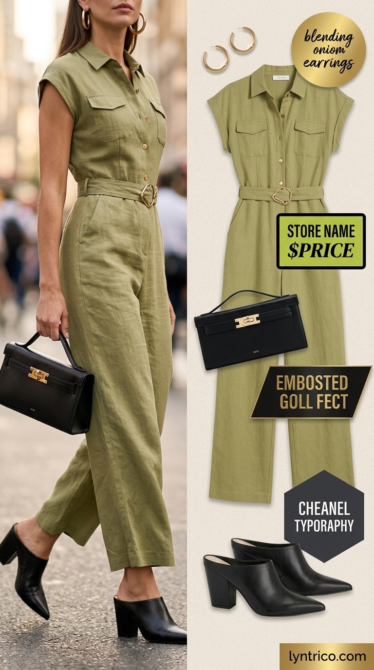 Utility Chic: Trendy Outfit Inspo Summer for Women 2026 Khaki green utility jumpsuit with gold hoops & block heels for trendy outfit inspo summer for women 2026.