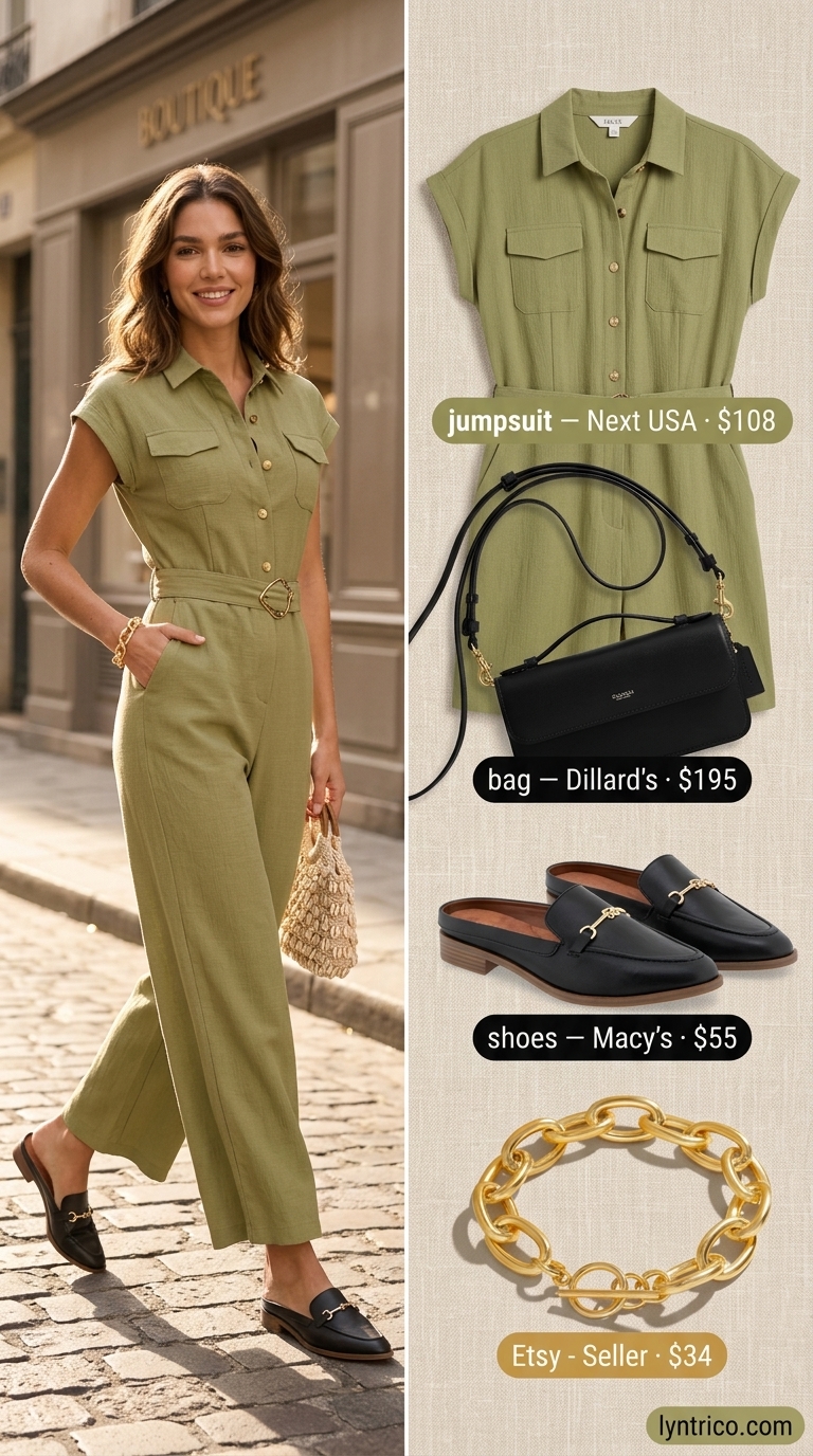 Urban Explorer Jumpsuit: Trendy Outfit Inspo Summer 2026 Trendy outfit inspo summer for women 2026: Khaki utility jumpsuit with black mules and gold chain for creative office or casual Friday.