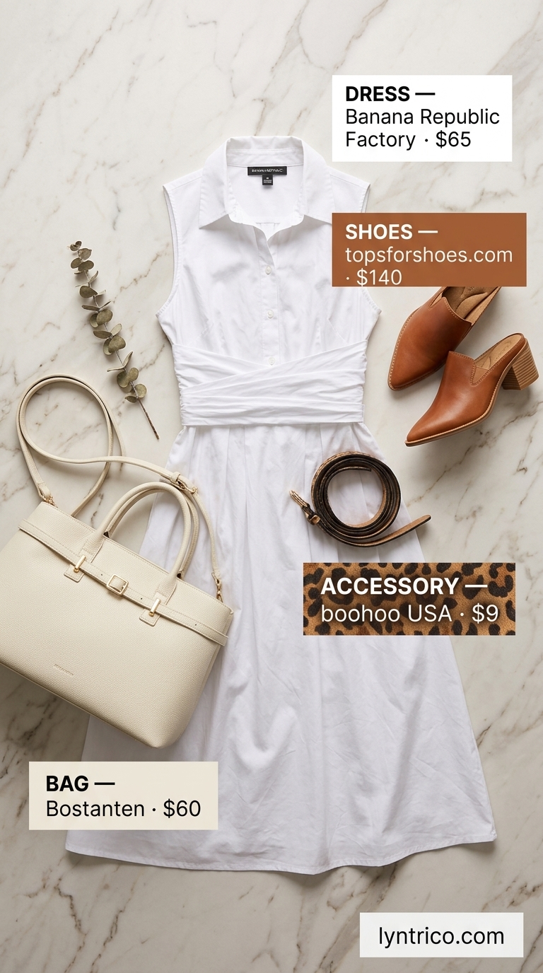 White Shirt Dress: Trendy Outfit Inspo Summer 2026 Trendy outfit inspo summer for women 2026: Crisp white shirt dress with leopard belt and tan mules for business casual or daytime event.