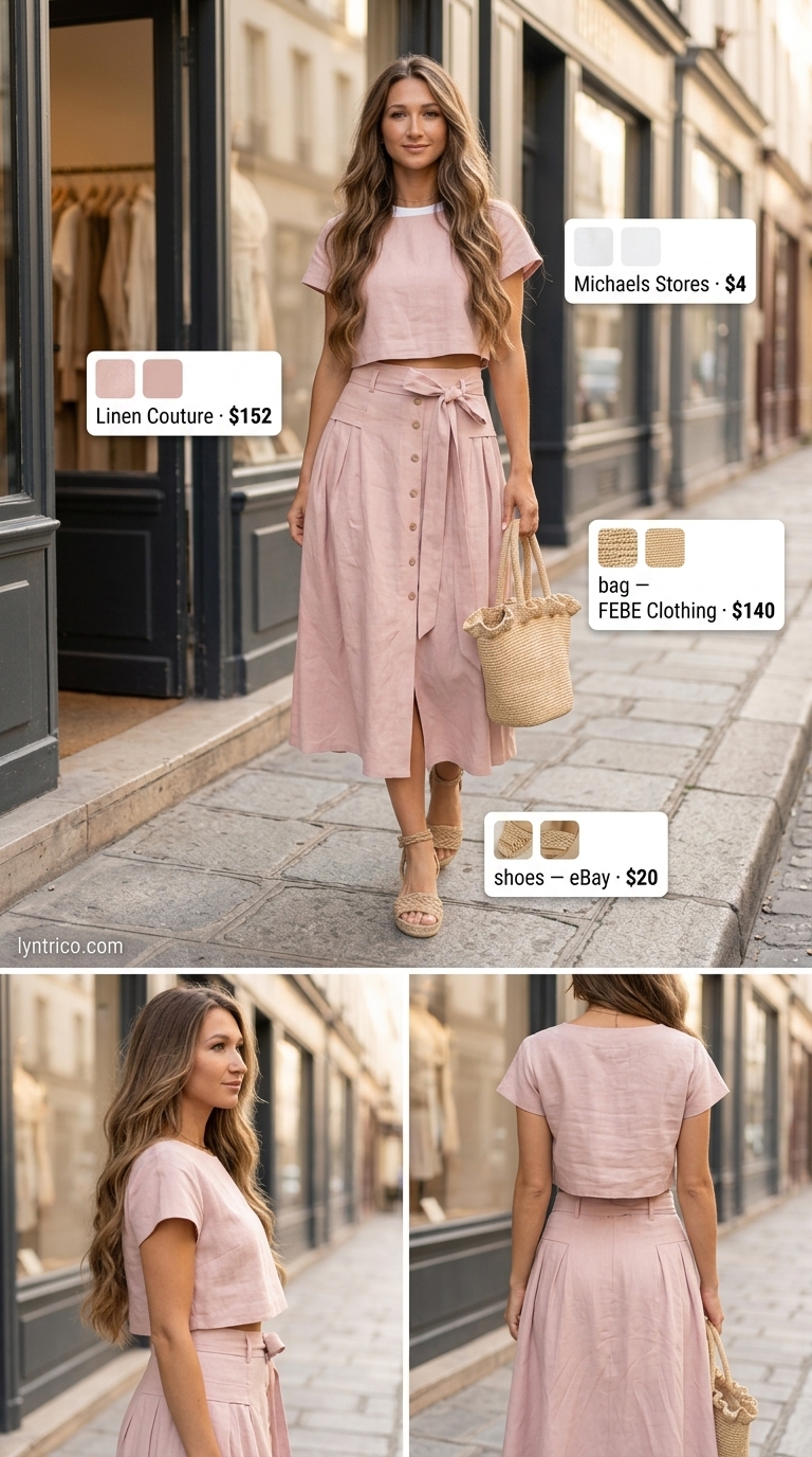 Tucked In Summer T-Shirt Outfit 2026: Brunch Chic Tucked in summer t-shirt outfit for women 2026: Blush pink linen set with white tee, espadrilles, and raffia tote.