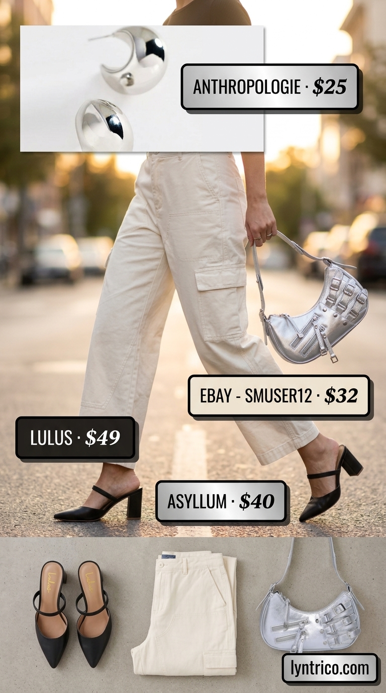 Tucked In Summer T-Shirt Outfit 2026: Cargo Chic Tucked in summer t-shirt outfit for women 2026: Black tee with cream cargo pants, heeled mules, and silver accessories.