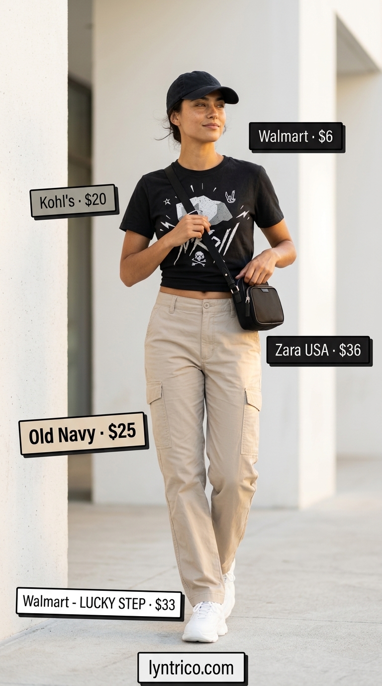 Casual Tucked In Summer T-Shirt Outfit 2026 Casual tucked in summer t-shirt outfit for women 2026 with beige cargo pants, white graphic tee, and black baseball cap.
