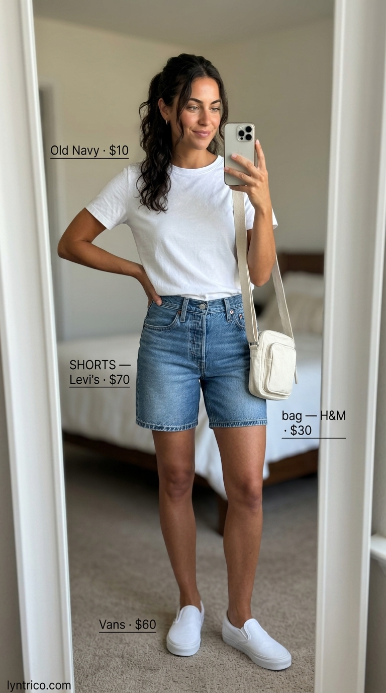 Tucked In Summer T-Shirt Outfit 2026: Casual Cool Tucked in summer t-shirt outfit for women 2026: White tee with denim shorts, canvas sneakers, and crossbody bag.