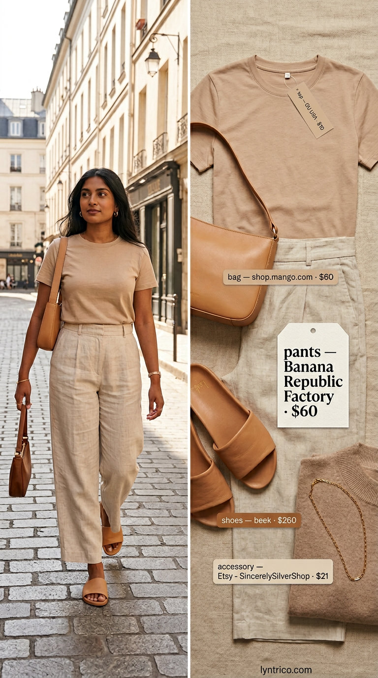 Linen Tucked In Summer T-Shirt Outfit 2026 Effortless tucked in summer t-shirt outfit for women 2026 with cream linen pants, beige tee, and leather slides.
