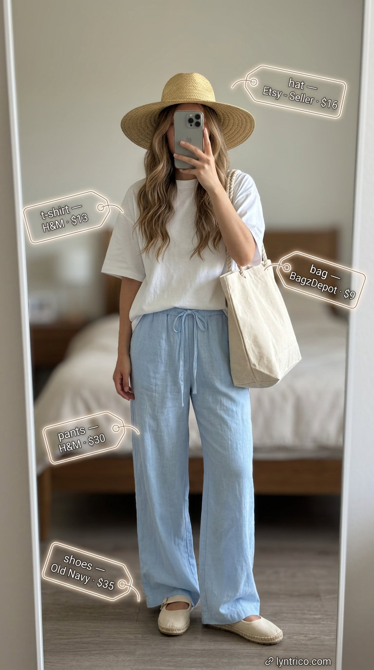 Coastal Tucked In Summer T-Shirt Outfit 2026 Airy tucked in summer t-shirt outfit for women 2026 with sky blue linen pants, white oversized tee, and straw hat.