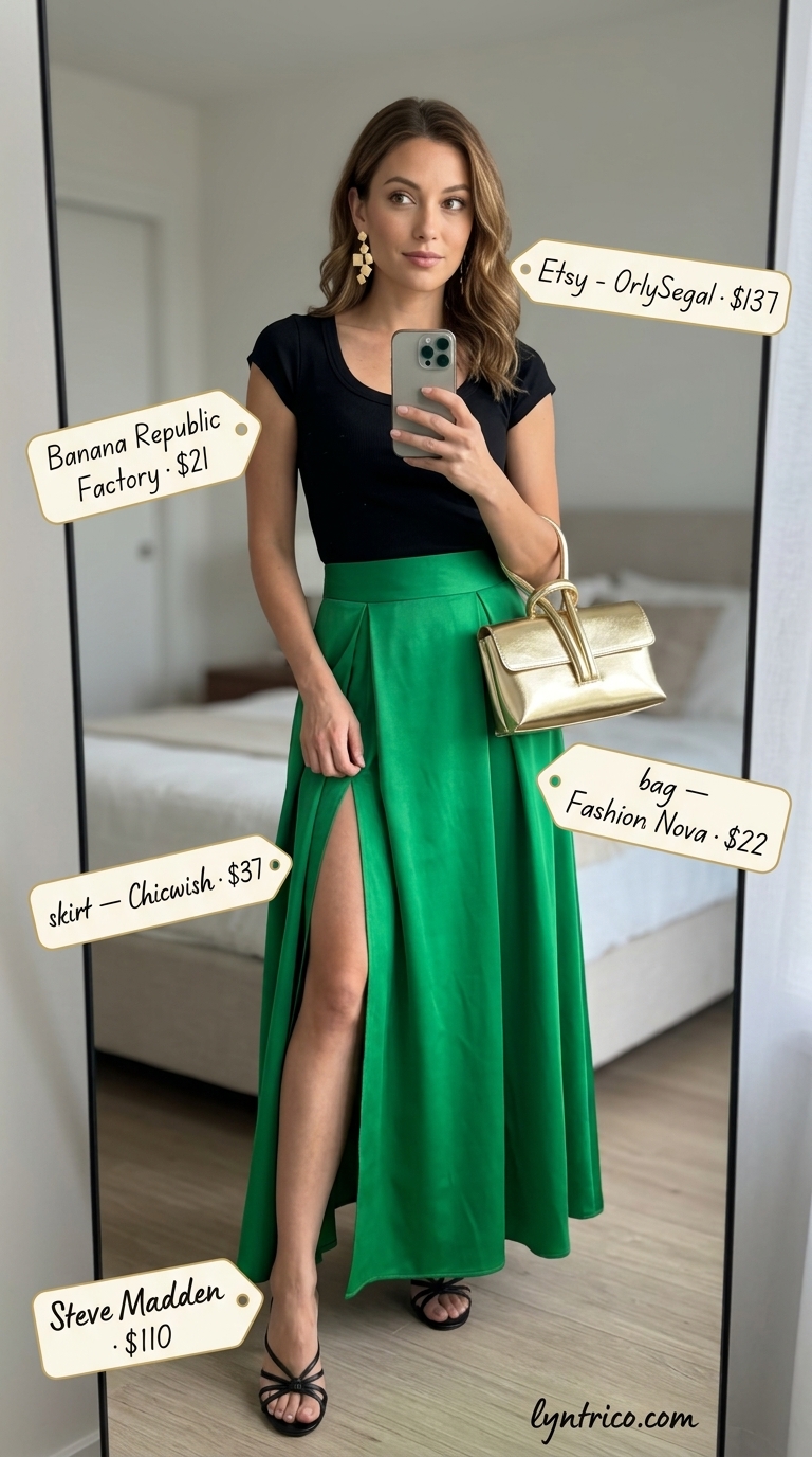 Tucked In Summer T-Shirt Outfit 2026: Evening Elegance Tucked in summer t-shirt outfit for women 2026: Black tee with emerald green satin skirt, gold accessories, and heels.