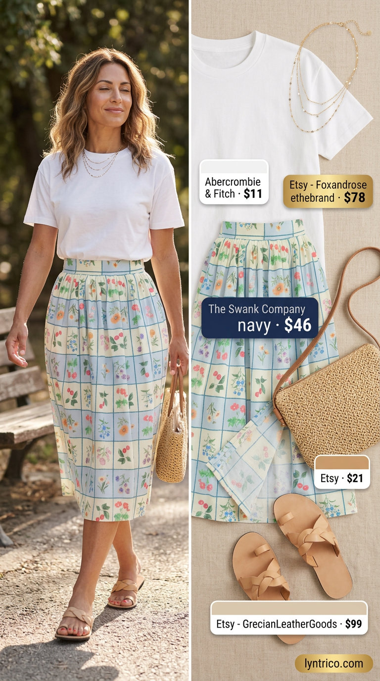 Tucked In Summer T-Shirt Outfit 2026: Midi Skirt Style Tucked in summer t-shirt outfit for women 2026: White tee with floral midi skirt, leather sandals, and straw bag.