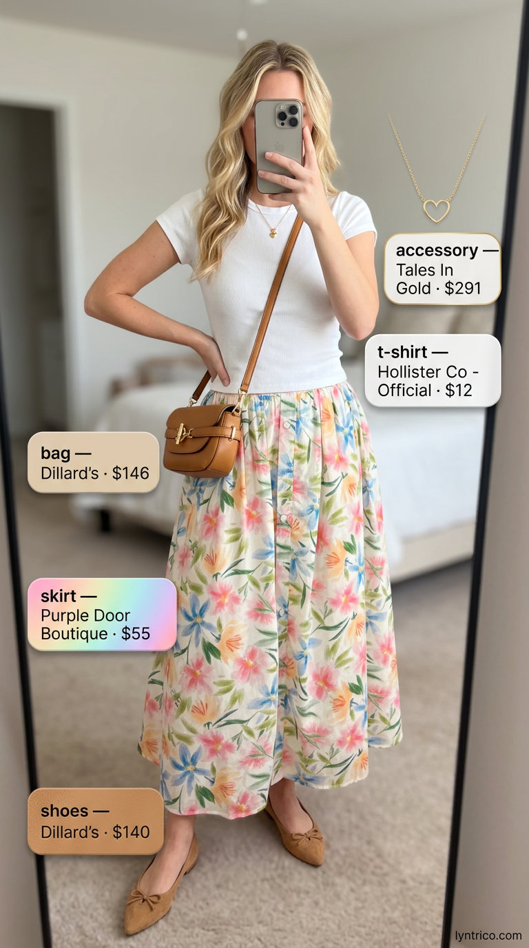 Garden Party Tucked In Summer T-Shirt Outfit 2026 Feminine tucked in summer t-shirt outfit for women 2026 with floral midi skirt, white tee, and ballet flats.